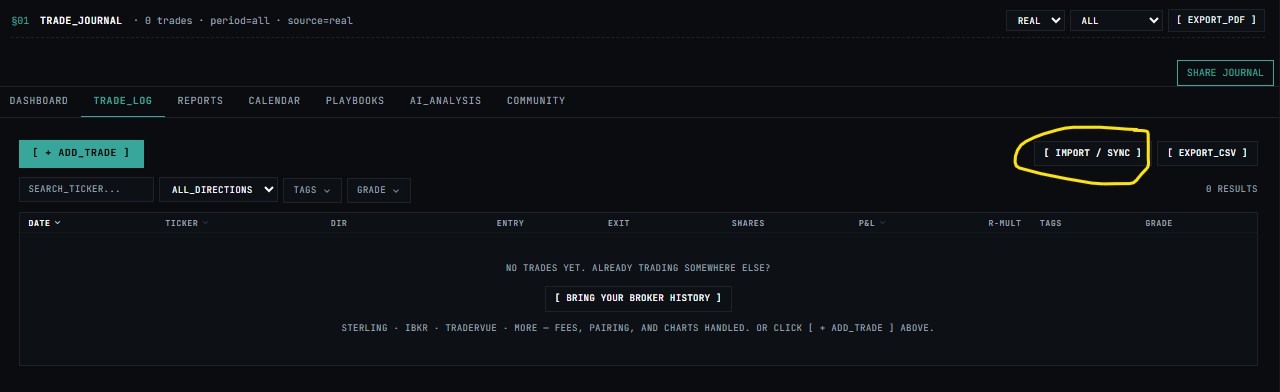 Trade Journal — IMPORT / SYNC